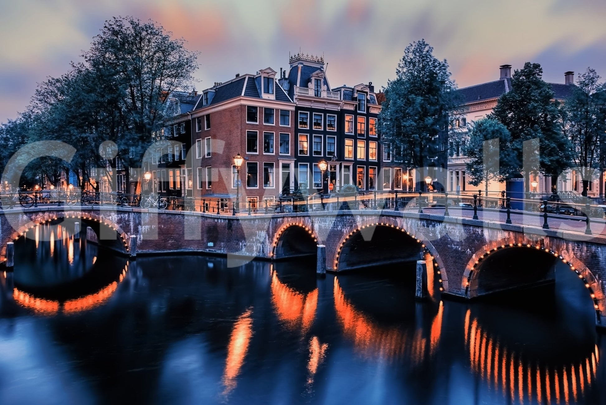 Amsterdam waterfront night glow mural, home feature wall, nature theme