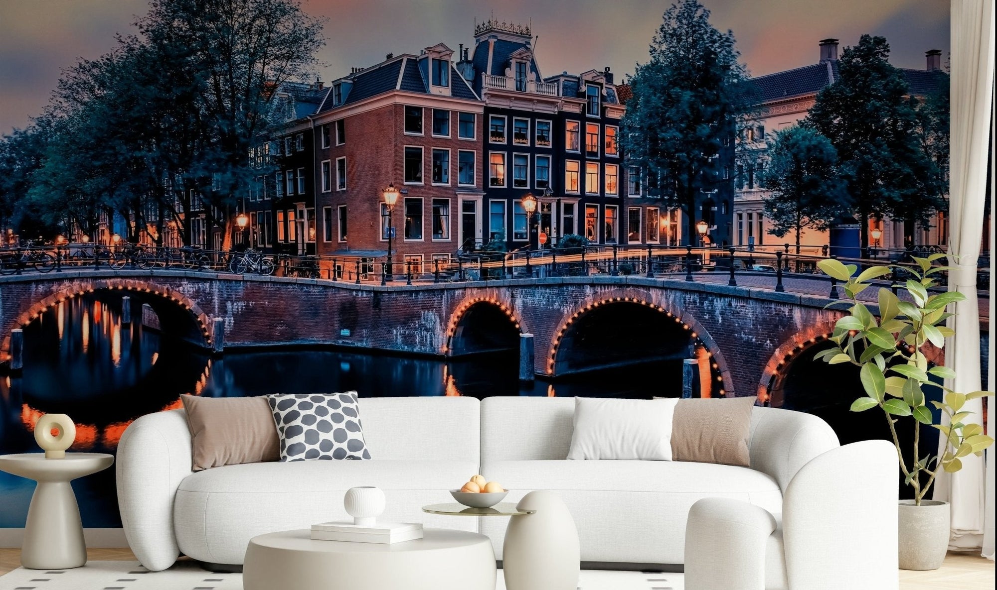 Amsterdam evening streetscape wall mural, nature colors, multi wallpaper finish