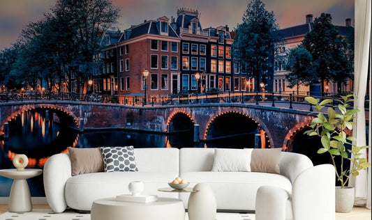 Amsterdam evening streetscape wall mural, nature colors, multi wallpaper finish