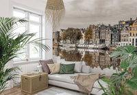 Office feature wall with Amsterdam's Mirror Wall Mural, city canal reflection scene