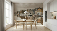 Bedroom headboard wall mural with Amsterdam skyline reflection, muted color palette