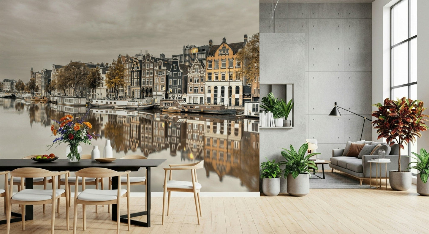 Amsterdam canal mural in reading nook, modern chair, warm lamp light