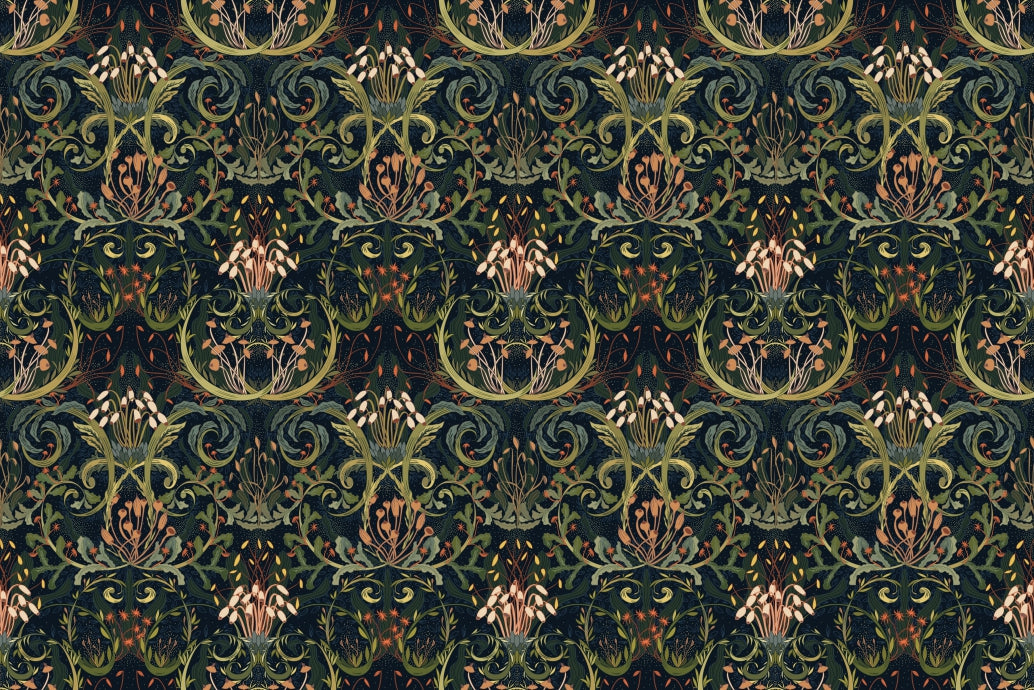 Whimsical Botanic Silk Wallpaper in your room — zoomed