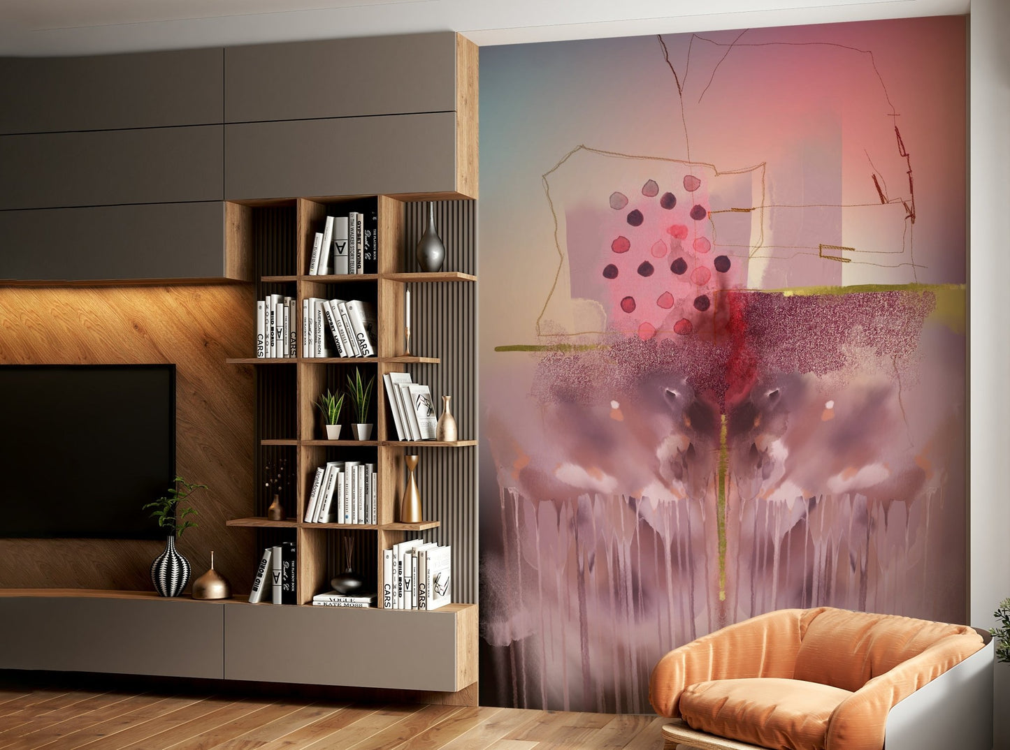 Artistic wallpaper mural with layered, expressive design.

