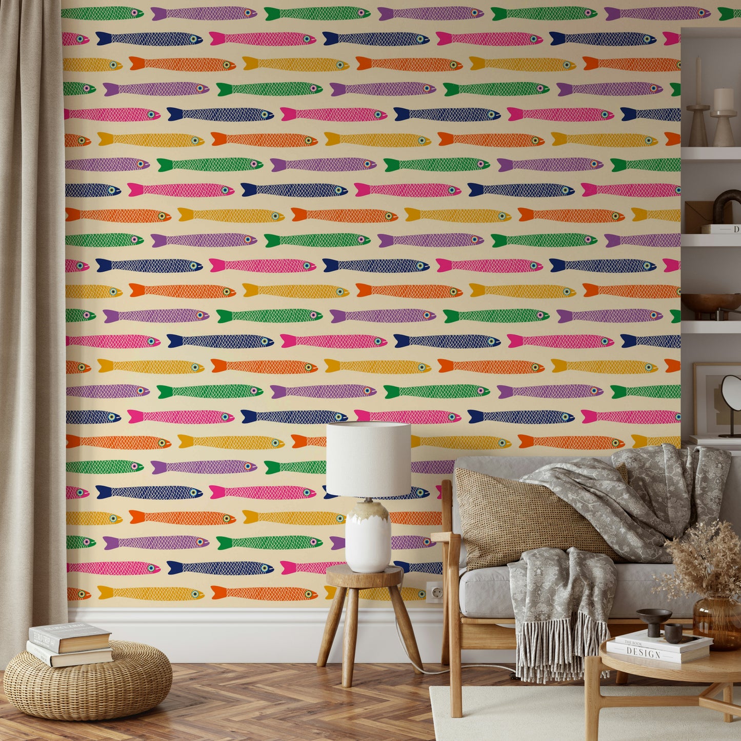 Lively anchovies swimming on a soft cream wallpaper for playful interiors.

