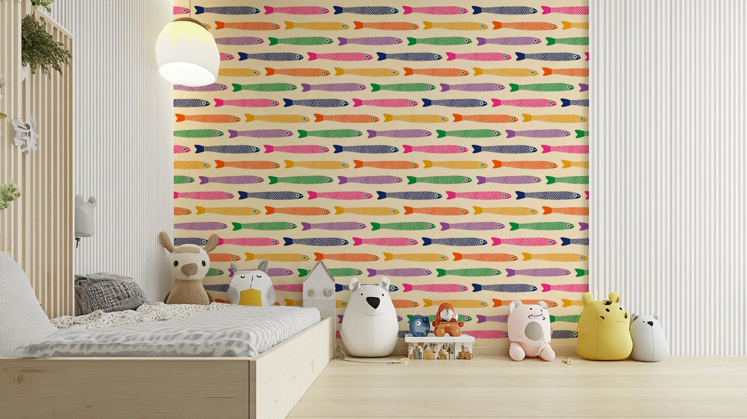 Fun, vibrant fish wallpaper with rainbow hues on a light cream background.


