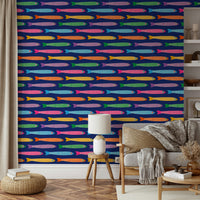 Tropical fish design on royal blue wallpaper with bright colors.

