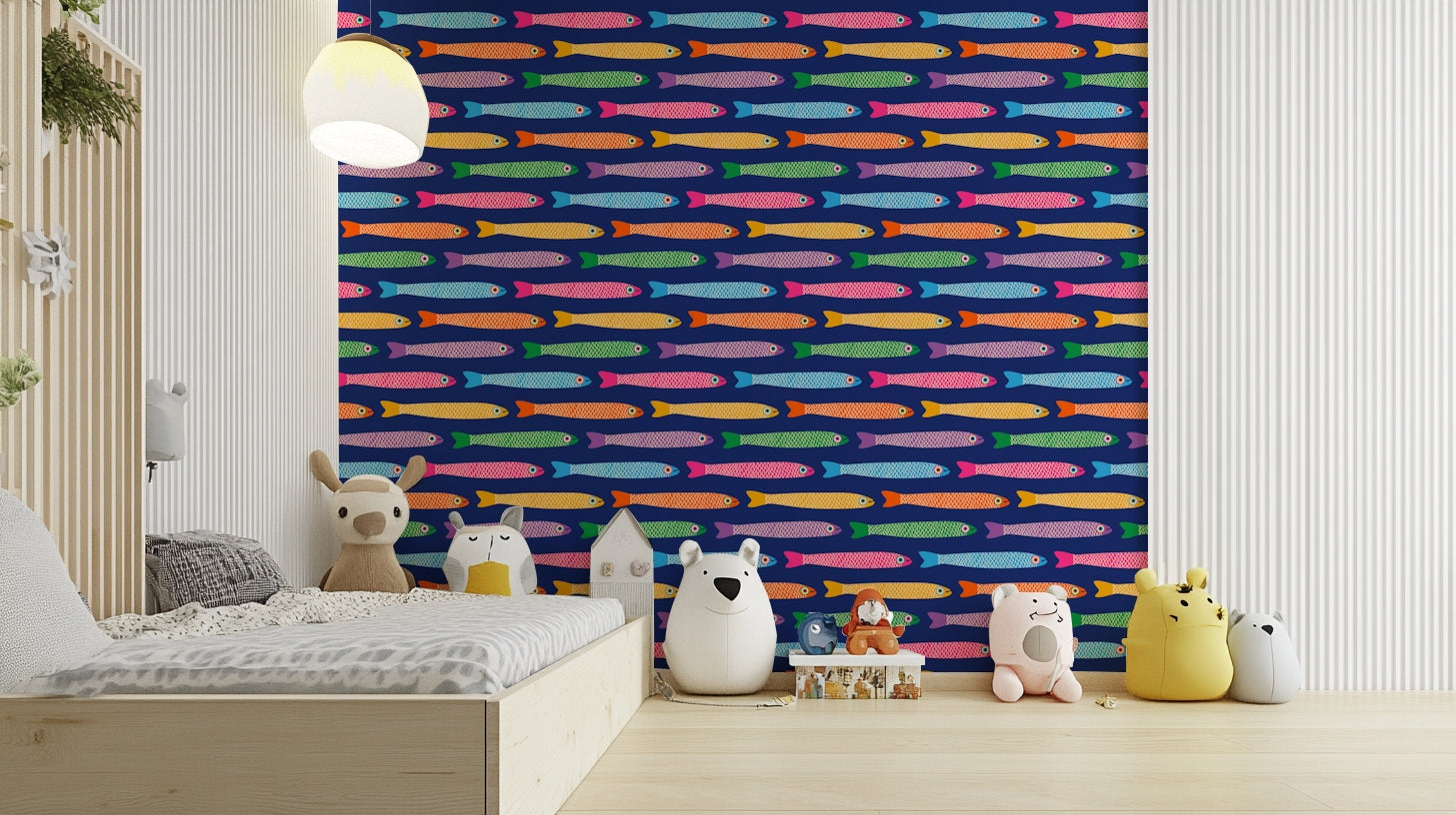 Fun, colorful fish pattern on royal blue wallpaper for vibrant spaces.

