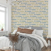 Blue and sage green fish on cream
