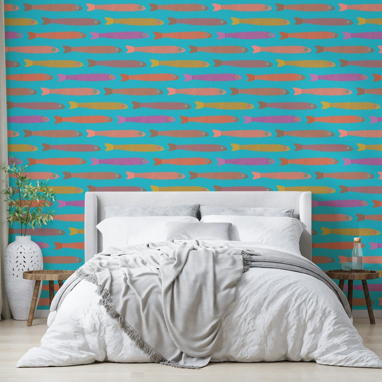 Multicolored hand-drawn fish mural
