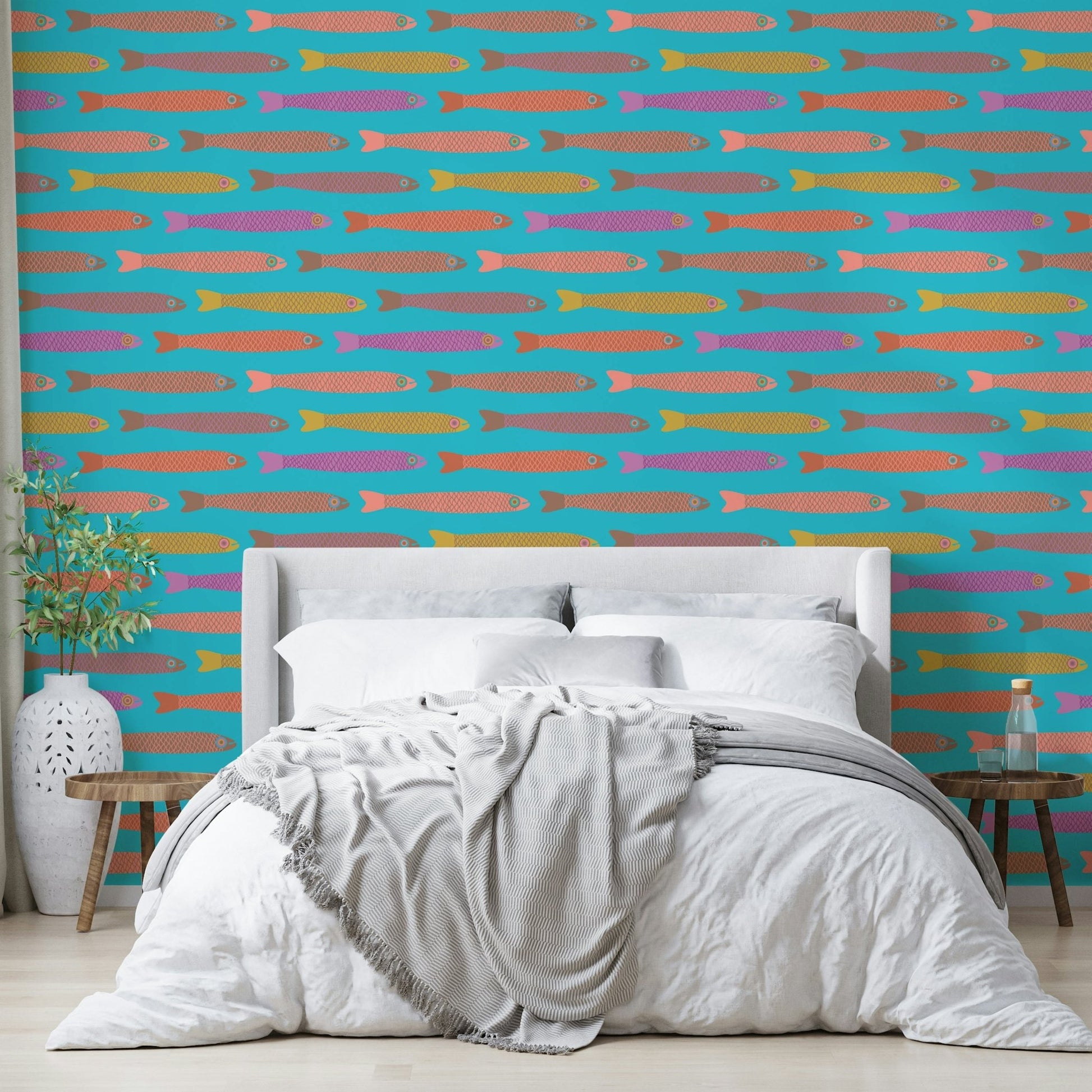 Multicolored hand-drawn fish mural
