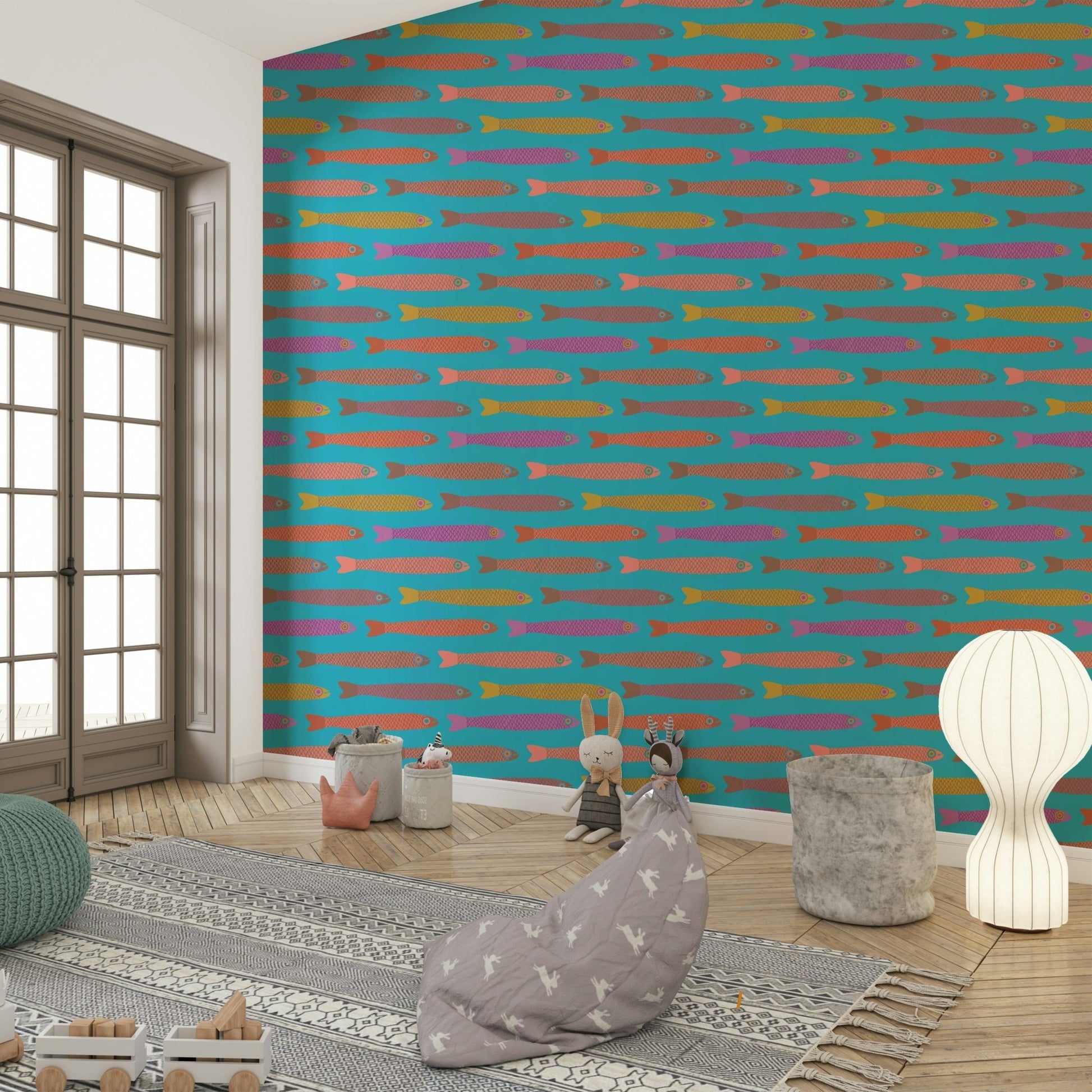Pastel fish wallpaper for dining space
