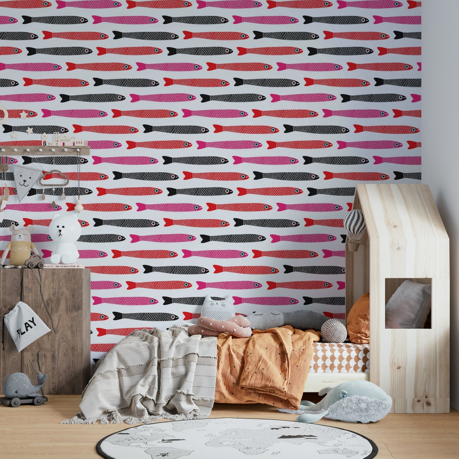 White background with colorful fish print
