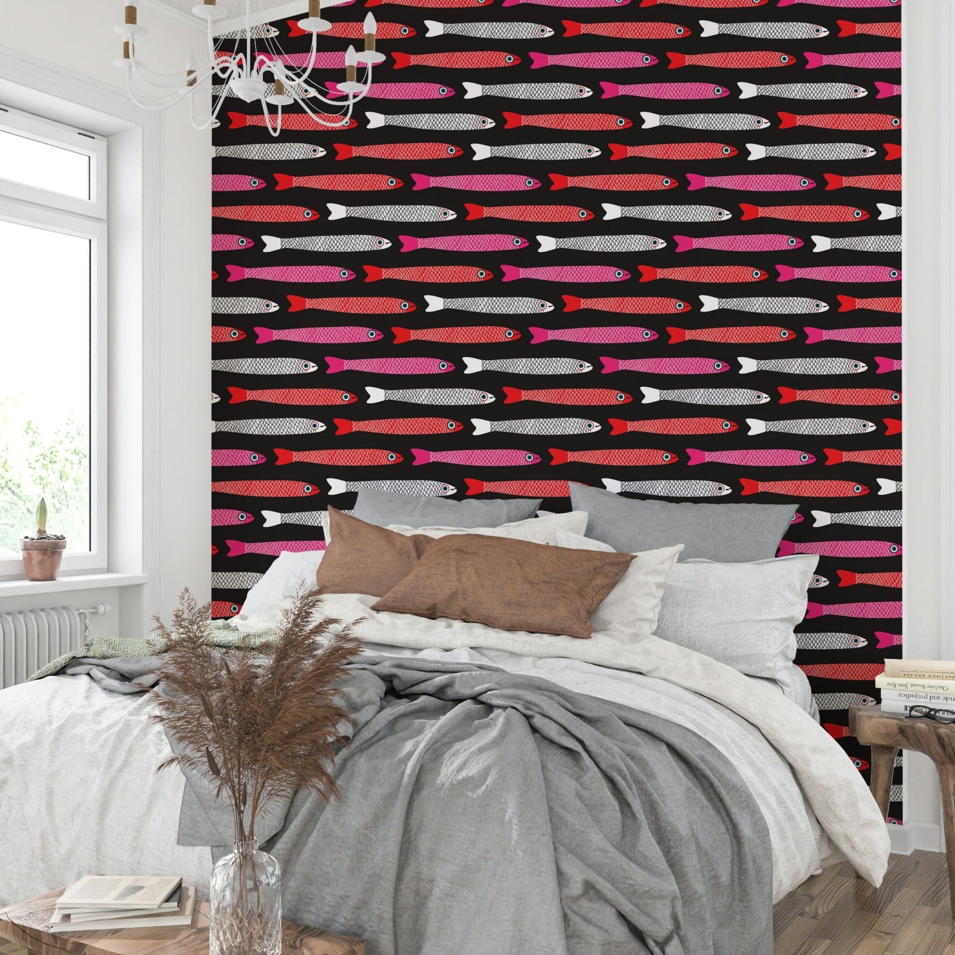 Hand-drawn fish mural wallpaper
