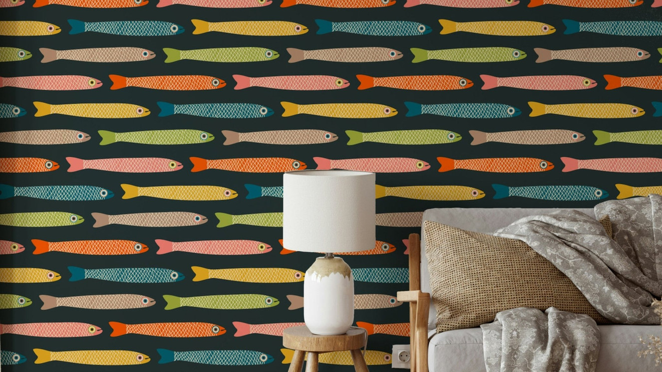 Anchovies Retro Vintage Multicolored Fish on Charcoal Wallpaper.

