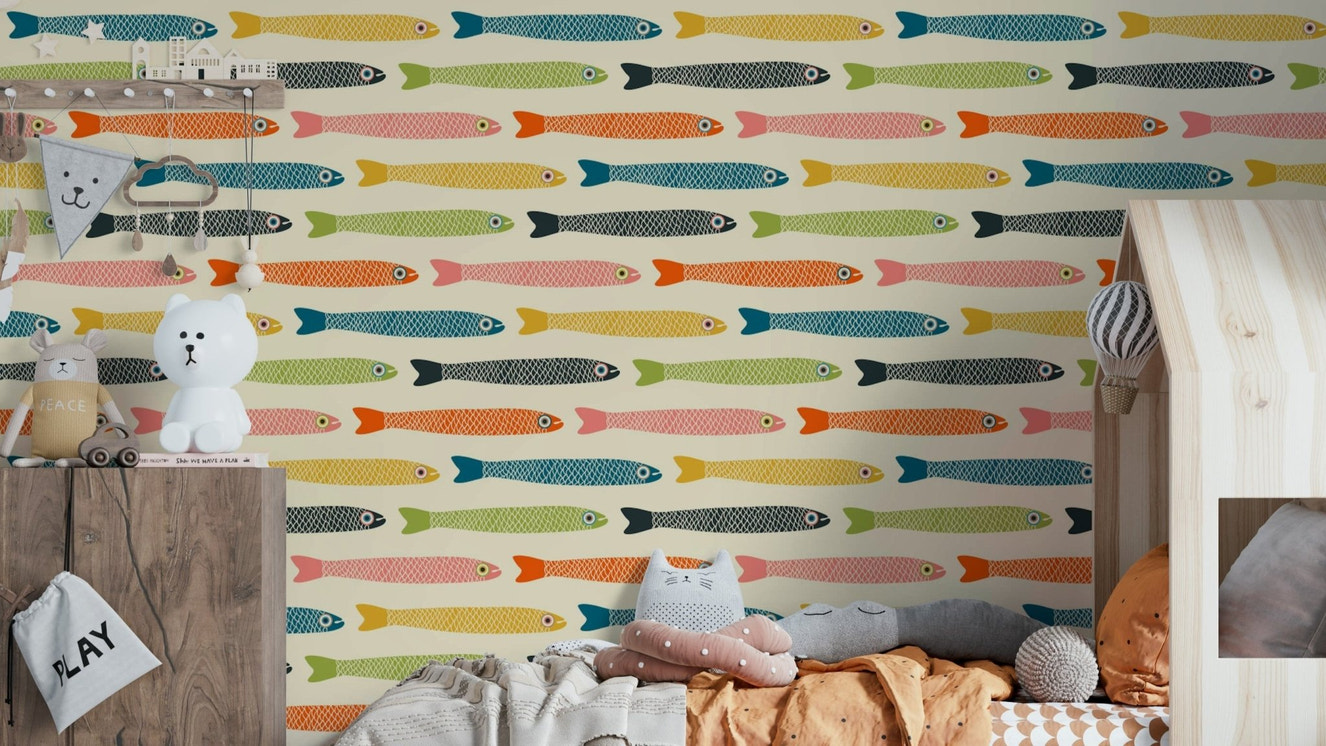 Anchovies Retro Vintage Multicolored Fish on Cream Wallpaper.

