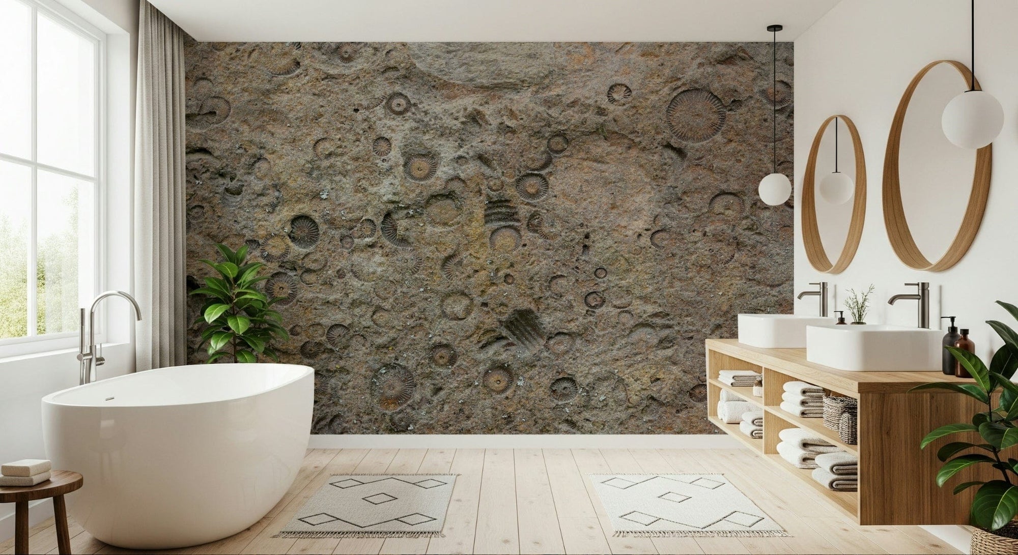 Ancient Fossil Texture wallpaper mural of beige fossil stone behind a white freestanding tub and wood vanity in a bathroom