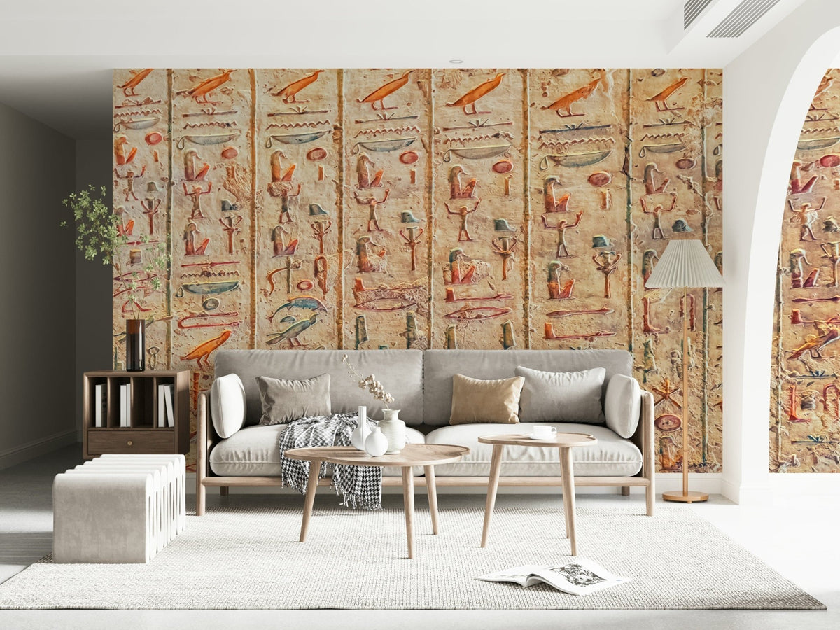 Ancient Glyphs wallpaper mural of carved Egyptian hieroglyphs behind a grey sofa in a bright living room
