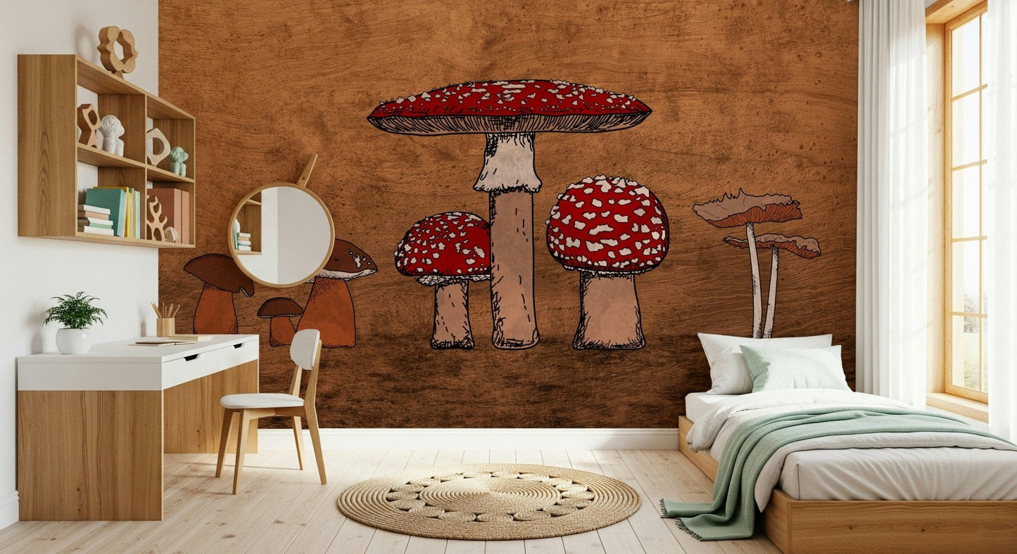 Rustic nature scene Ancient Mushrooms home improvement wall mural.