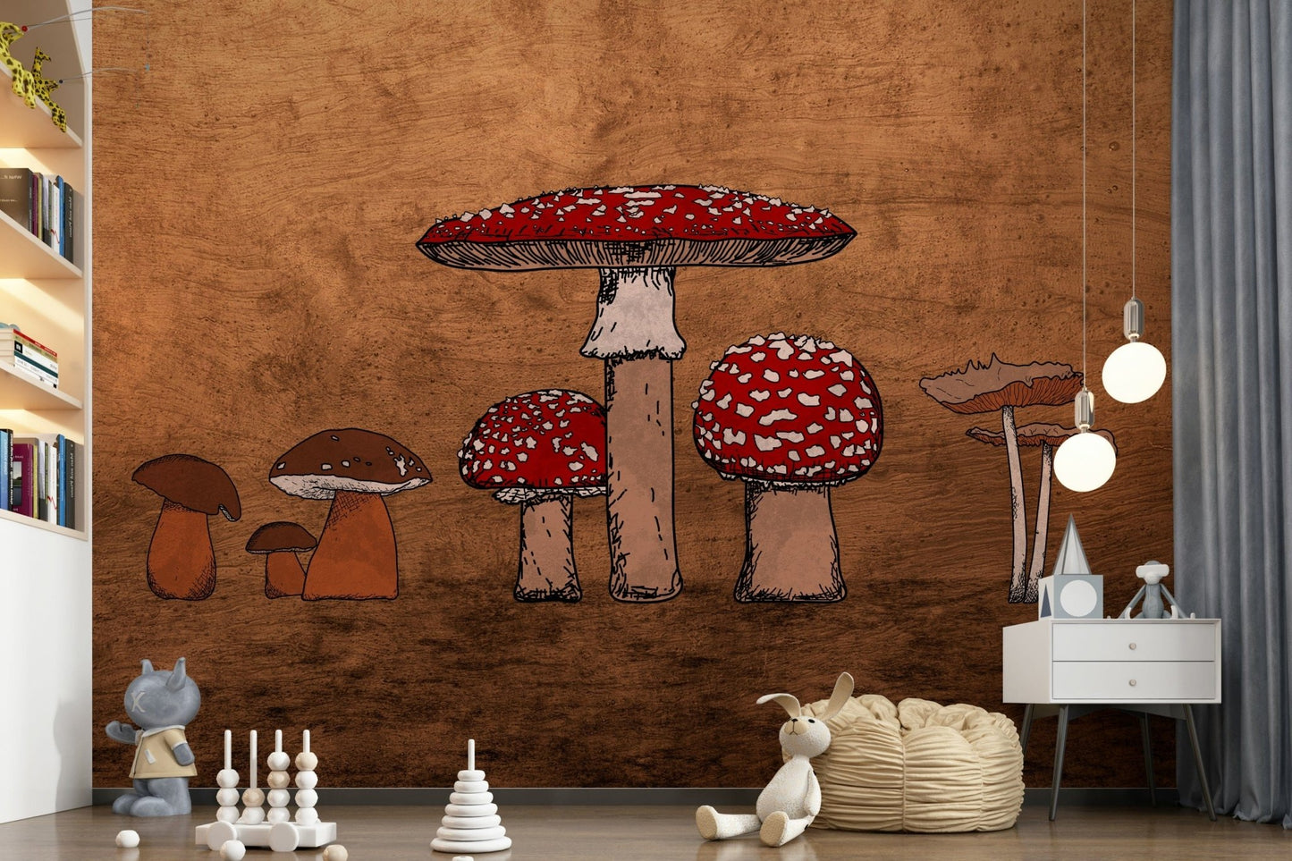Boletus and Amanita Ancient Mushrooms sketch print wall mural paper.