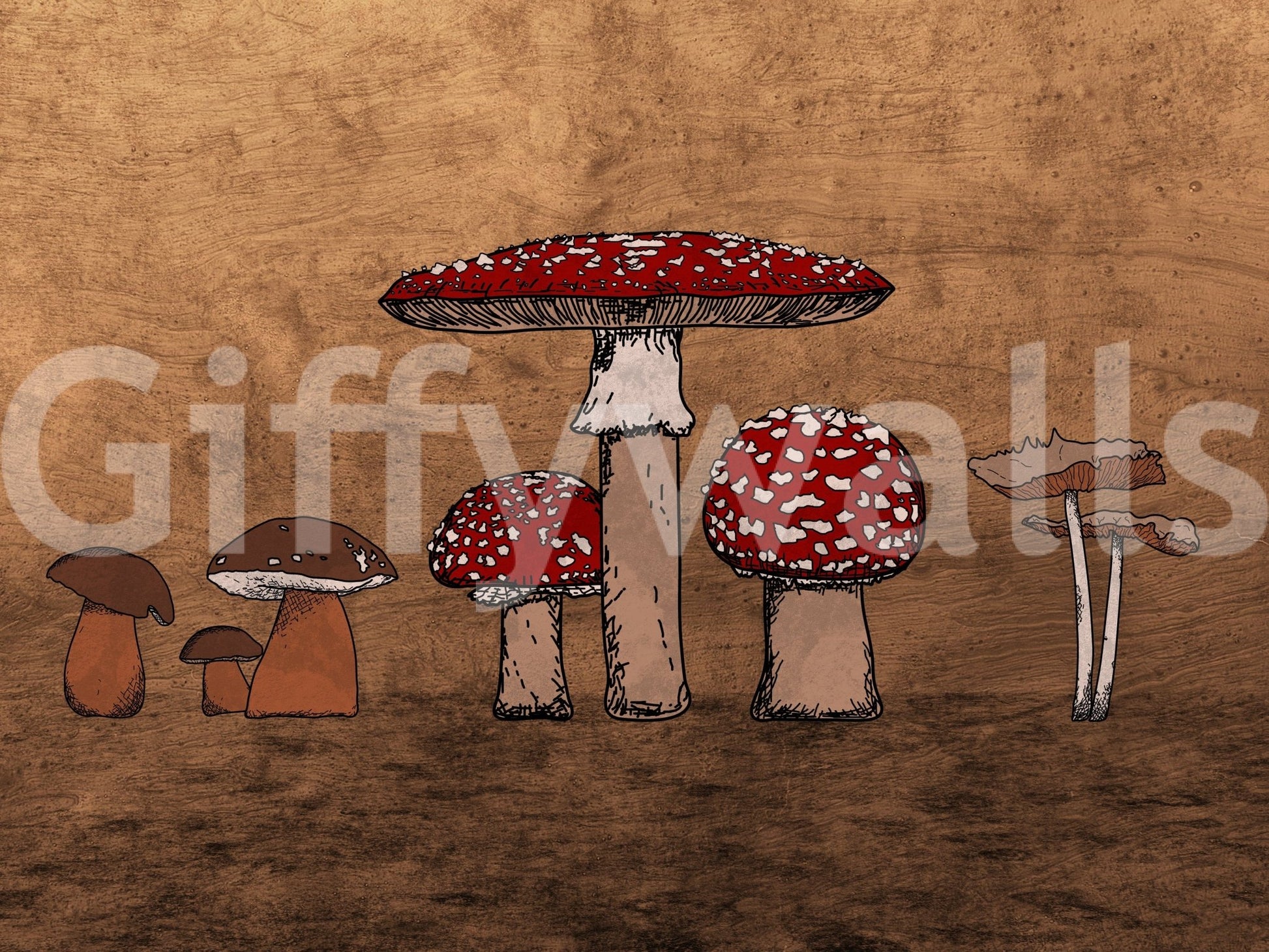 Hand-sketched variety Ancient Mushrooms art feature wallpaper.
