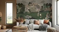 Decorative wall mural with historical artwork style and muted earth tones