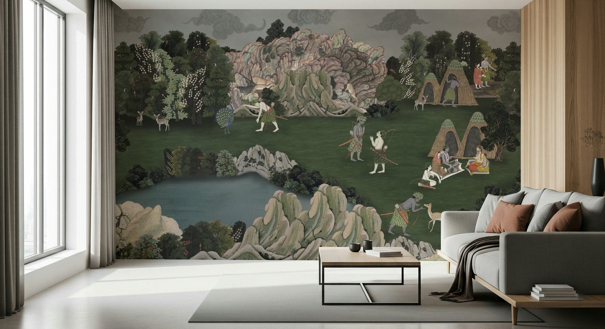 Classical illustration wall mural showing human figures, animals, and forest terrain