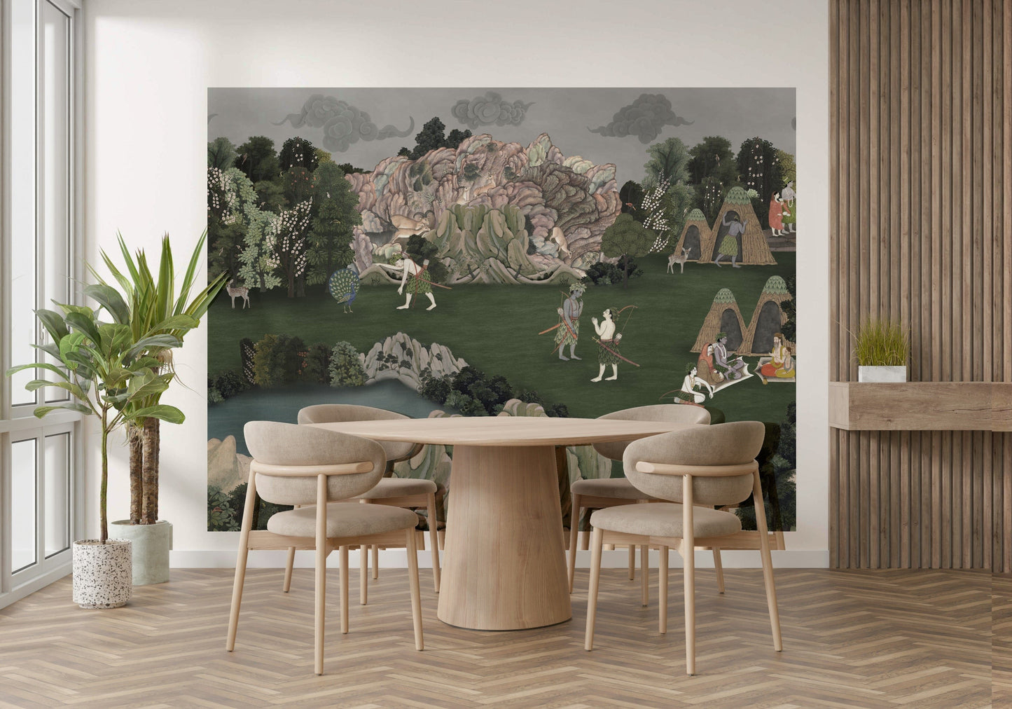 Vintage-style landscape wall mural with soft colors and mythic countryside elements