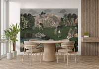 Vintage-style landscape wall mural with soft colors and mythic countryside elements