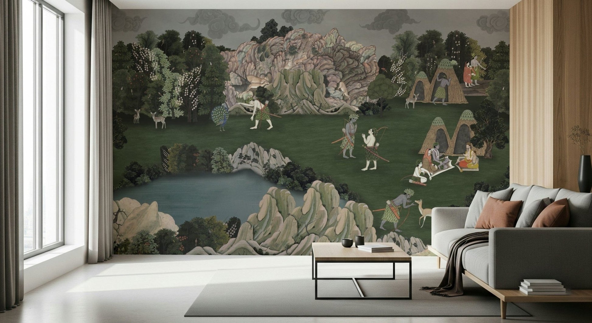Classical illustration wall mural showing human figures, animals, and forest terrain