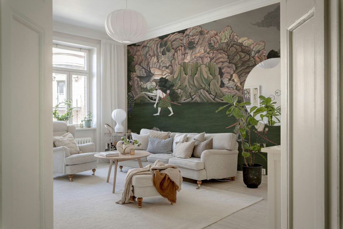 Scenic wall mural inspired by classical landscape art with mountains, trees, and tents