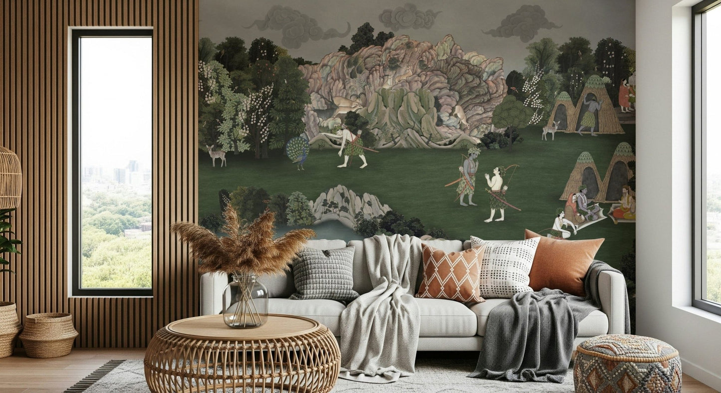 Decorative wall mural with historical artwork style and muted earth tones