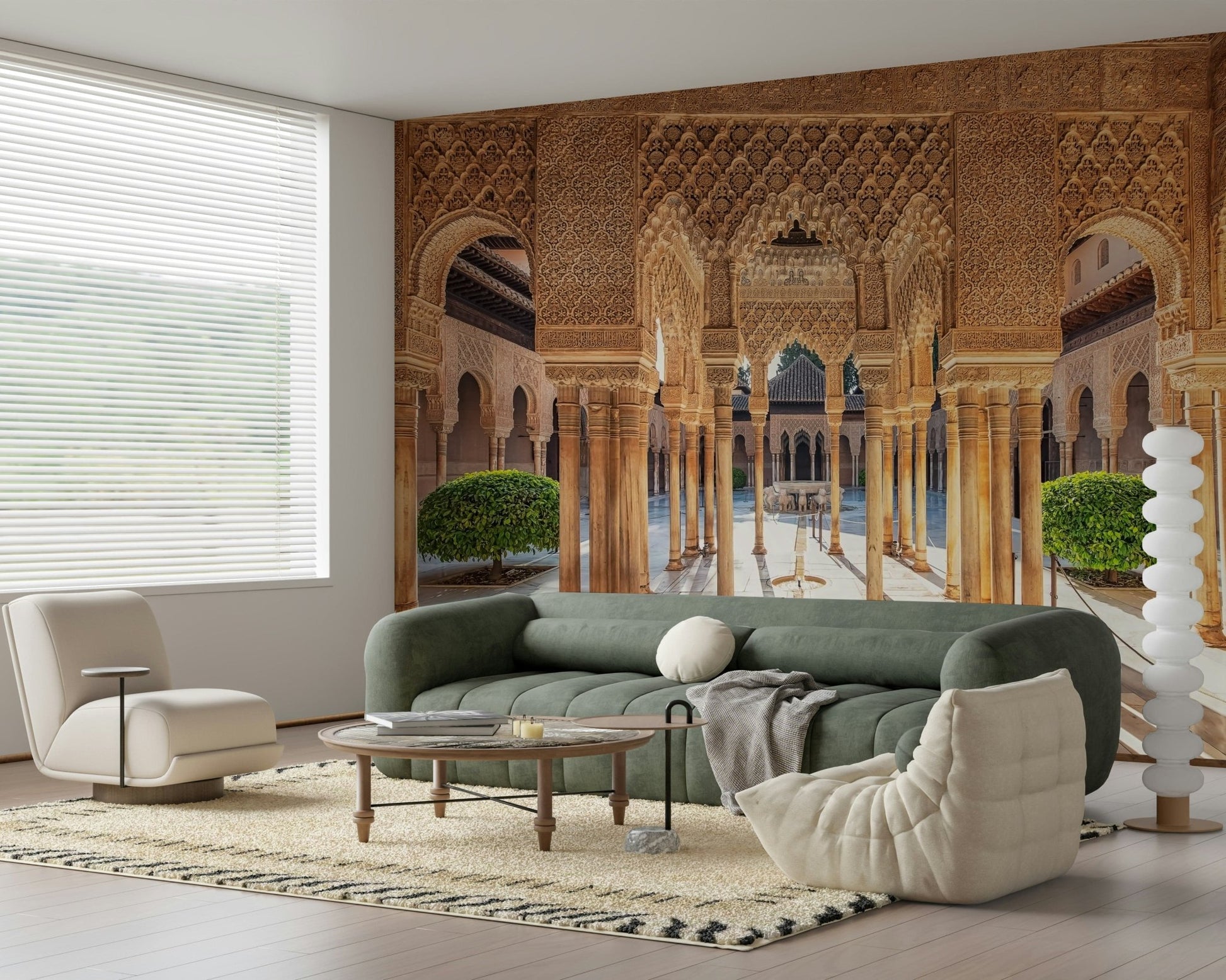 Majestic Alhambra inspired scene Andalusian Courtyard peel and stick wallpaper.