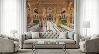 Elegant arched gallery perspective Andalusian Courtyard wallpaper mural.