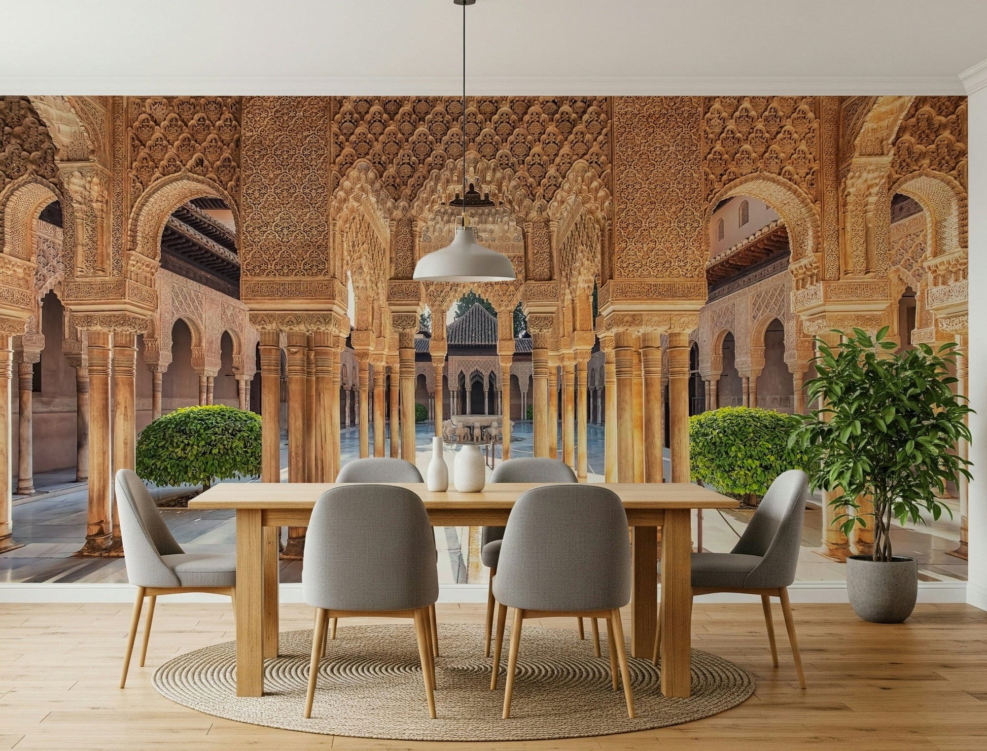 Symmetrical courtyard fountain view Andalusian Courtyard wallpaper mural.