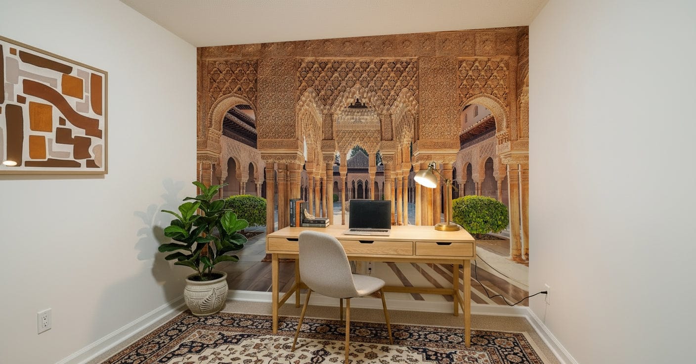 Golden hour glow Andalusian Courtyard peel and stick wallpaper.