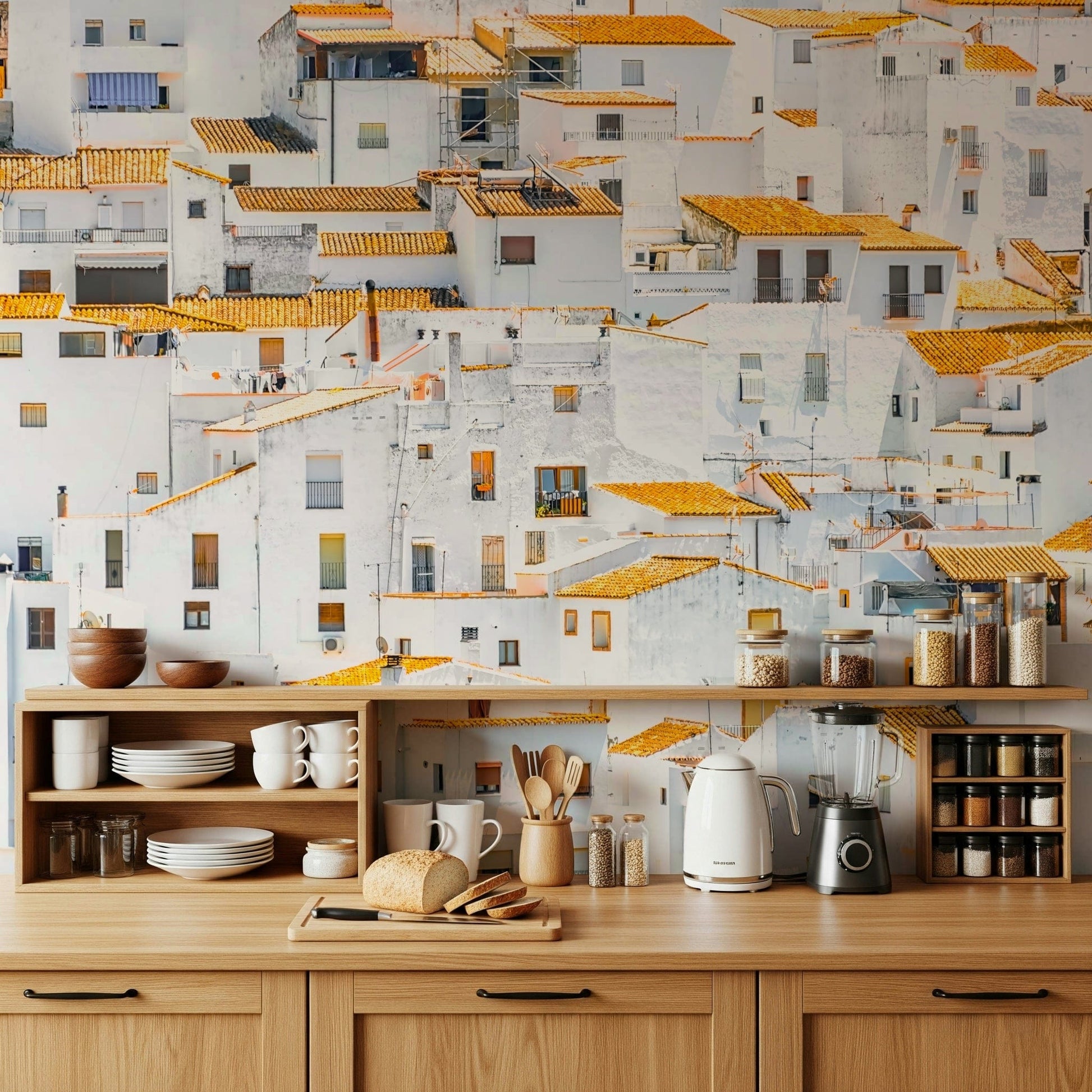 Sunny cluster white buildings Andalusian Village wallpaper pattern.