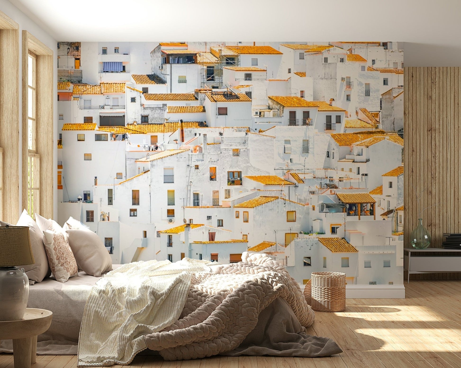 Andalusian Village white stucco homes rooftop wallpaper for walls.