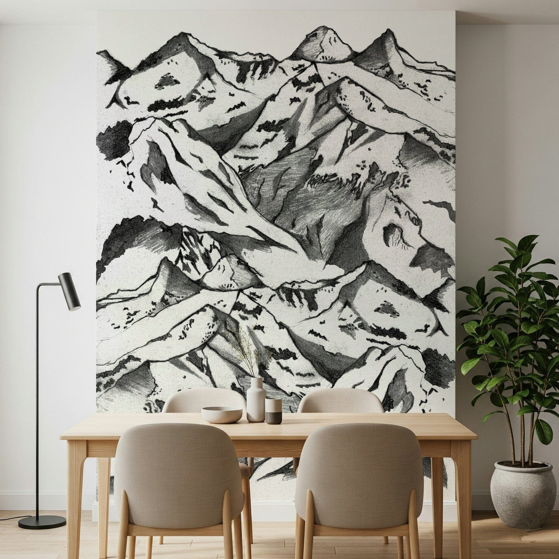 An artistic scenic landscape mural on minimalist wallpaper.

