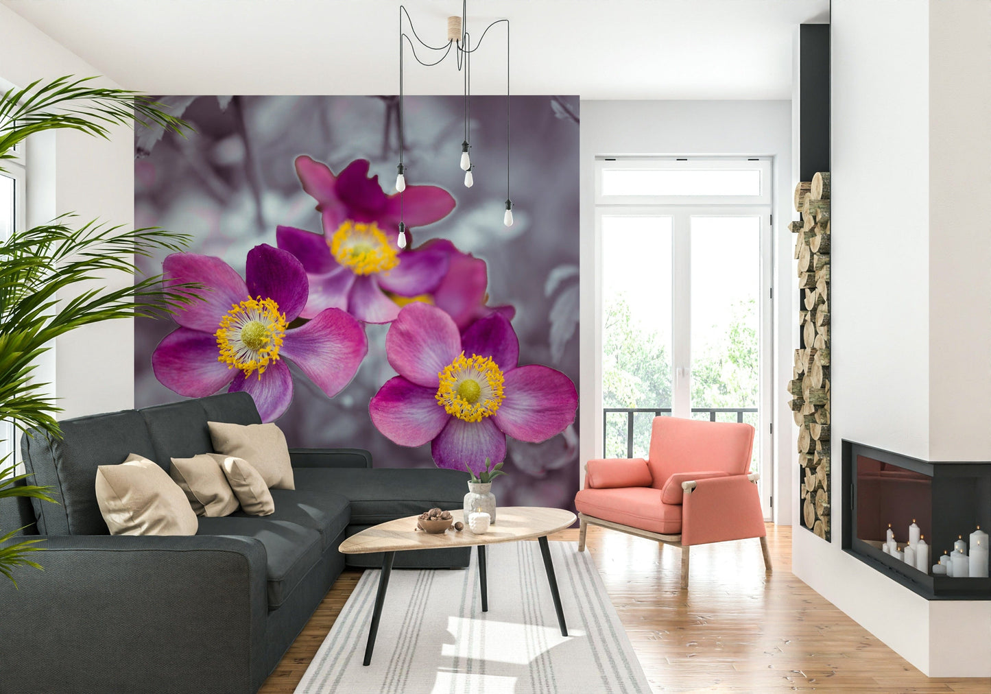 Entryway feature wall with anemone floral mural, soft color palette, bright modern look