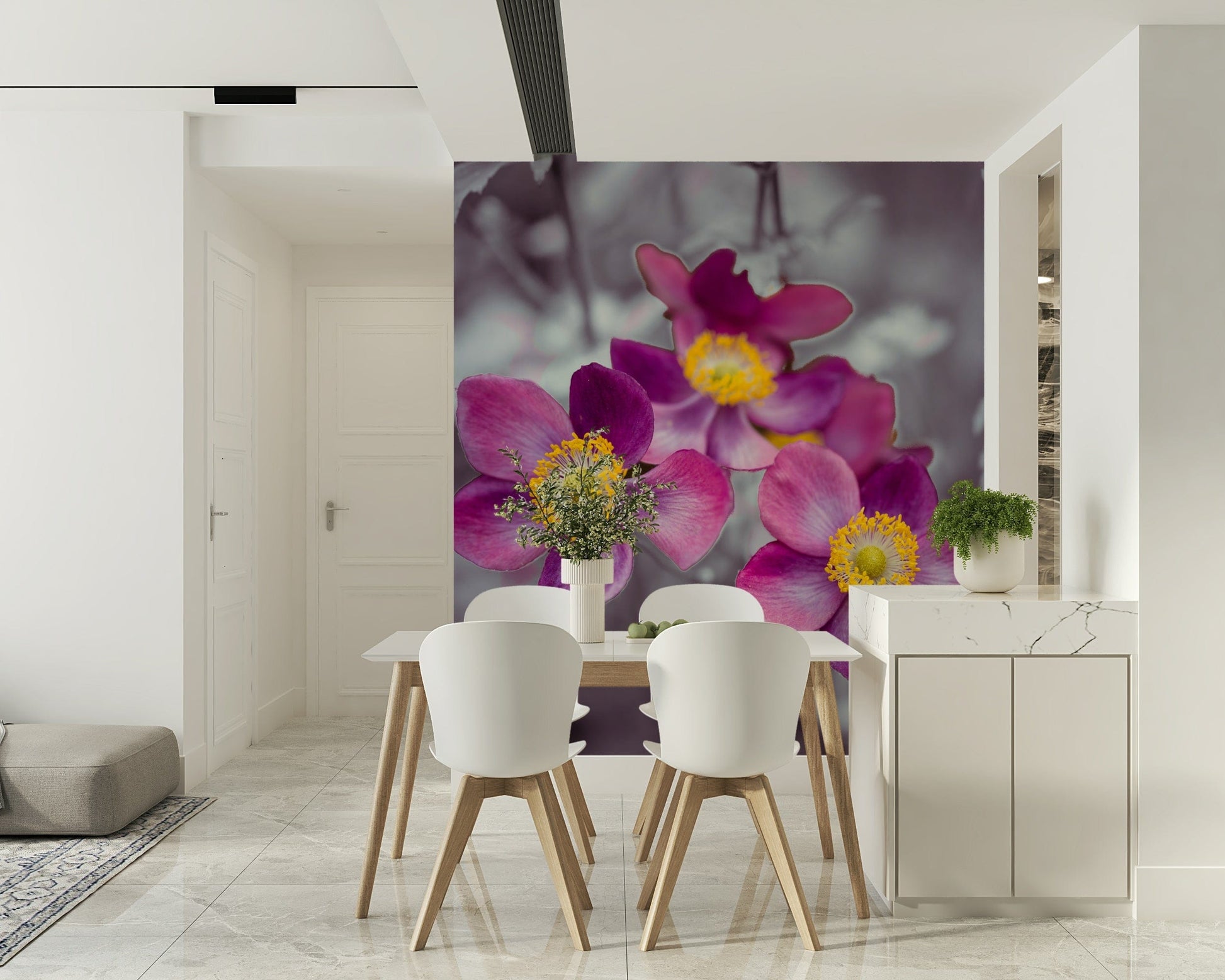 Close-up anemone floral wall mural for bedroom, soft color shading, minimal modern backdrop