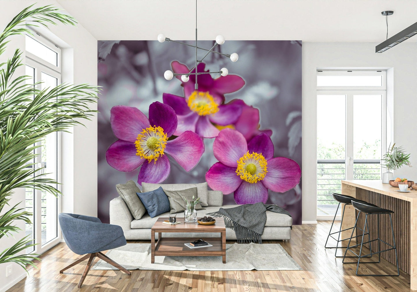 Floral wall mural with anemone blossoms for apartment bedroom, blush color accents, calm style