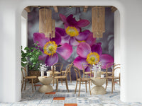 Anemone flowers wall mural in modern living room, soft pink and white color blooms, feature wall decor