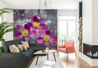 Entryway feature wall with anemone floral mural, soft color palette, bright modern look