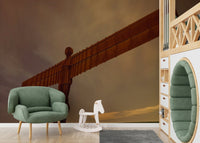 Angel of North landmark wall art, imposing iron figure, dramatic nocturnal view.