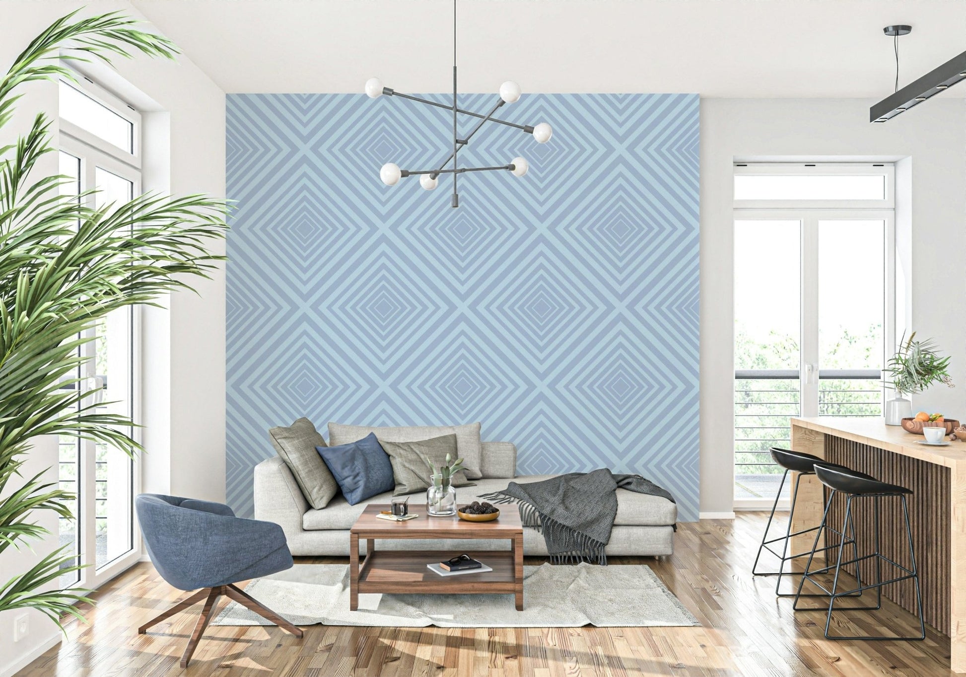 Azure angles wallpaper mural geometric design crisp pattern.