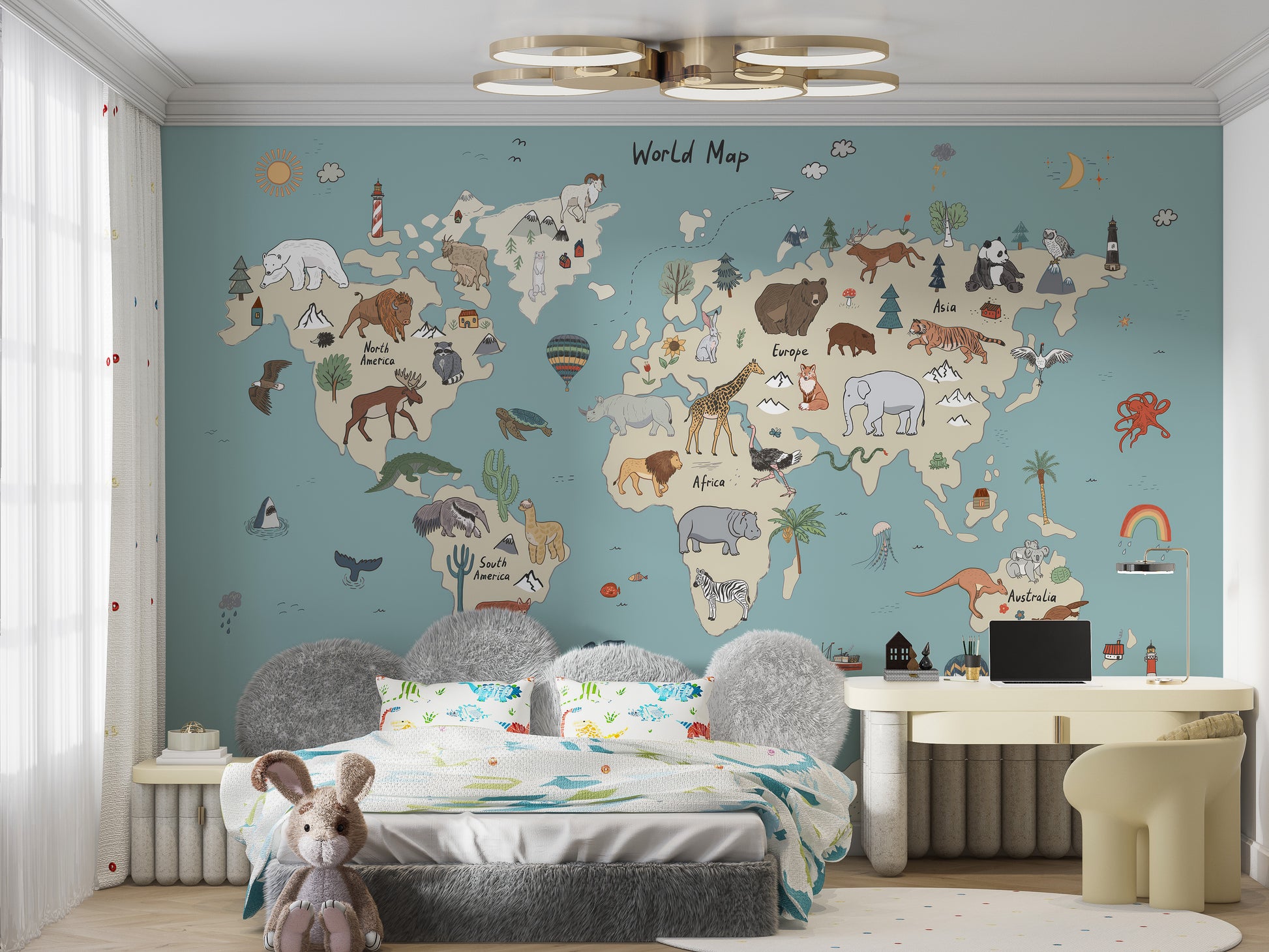 Animal Adventure Atlas wallpaper mural in soft blue above a grey upholstered bed and beige desk in a child's bedroom
