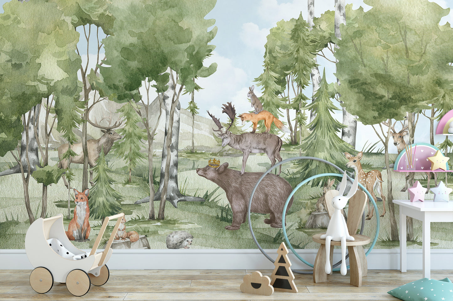 Artistic animal forest friends wallpaper mural for serene spaces.