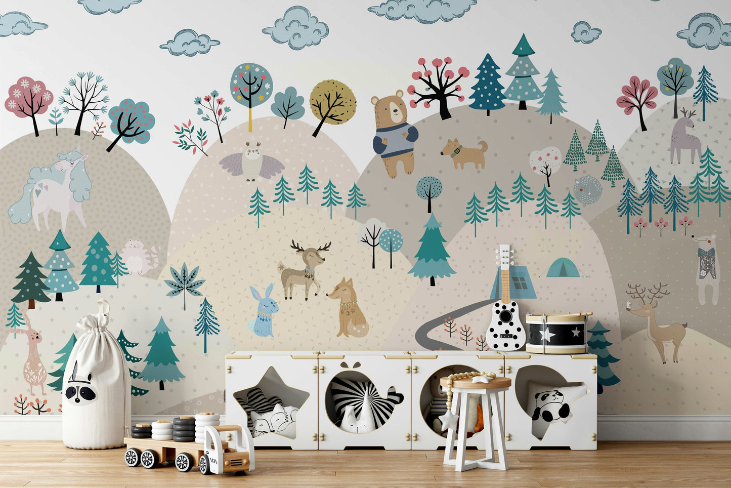A peaceful wall mural with a whimsical animal adventure scene.

