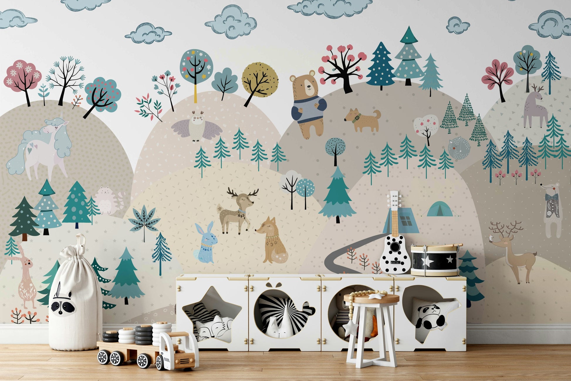 A peaceful wall mural with a whimsical animal adventure scene.

